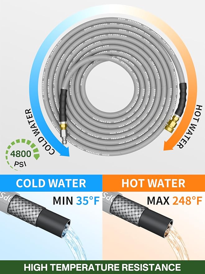3/8" 4800PSI Pressure Washer Hose 200FT with Swivel Quick Connect for Cold/Hot Water Max 248°F, Kink Resistant Steel Wire Braided, Wear Resistant Power Washer Hose with M22 14mm Adapter