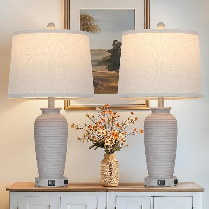 25“ Traditional Table Lamps Set of 2, Bedside Touch Lamp with USB C+A Charging Ports, Rustic Farmhouse Jar Table Lamps for Living Room Bedroom, Side Table Lamp with Beige Fabric Shade, Antique Grey