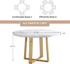 Round Dining Table for 4, 43.3-Inch Faux Marble Kitchen Table, Modern Circle Dinner Table with Metal Base for Dining Room, Kitchen, Breakfast Nook, Apartment, Small Spaces, White and Gold