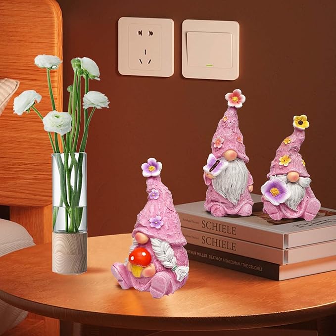 Gnome Decoration Figurine Outdoor Statue Resin 3pcs Flowers Spring Gnomes, Home Decoration Ornaments for Desktop Bookshelves Courtyard Garden Gift (Pink)