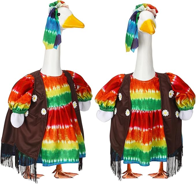 Suzile Hippie Goose Outfit Tie Dye Party Decoration Dresses Clothes for 23" High Cement or Plastic Porch Goose Costume for Holiday Yard Lawn Outdoor Garden Patio Groovy Party Rainbow Pride Statue