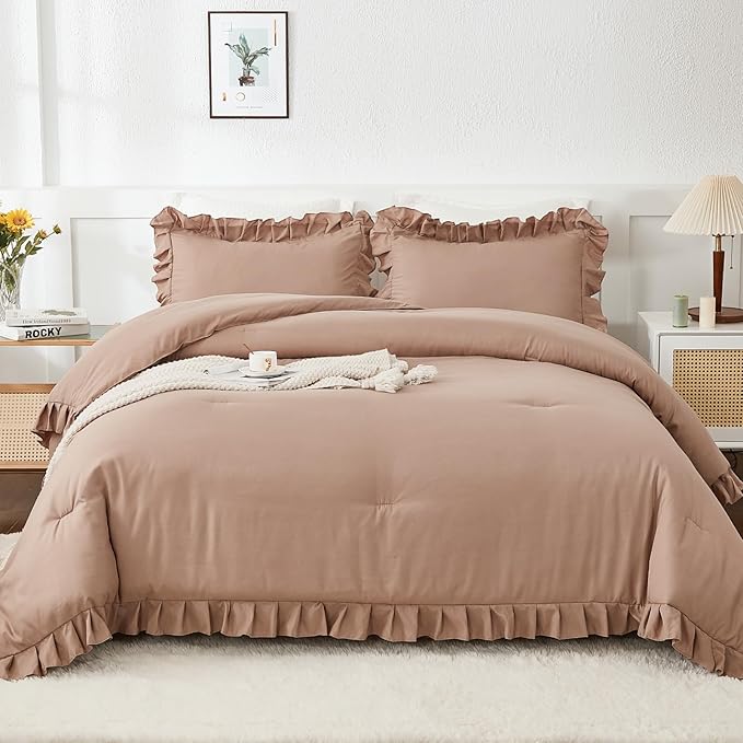 Andency Taupe Queen Comforter Set(90x90Inch), 3 Pieces(1 Ruffle Comforter and 2 Pillowcases) Solid Bedding Comforter Sets for Queen Bed, Lightweight and Fluffy Soft Microfiber Bedding Set
