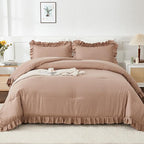 Andency Taupe Queen Comforter Set(90x90Inch), 3 Pieces(1 Ruffle Comforter and 2 Pillowcases) Solid Bedding Comforter Sets for Queen Bed, Lightweight and Fluffy Soft Microfiber Bedding Set