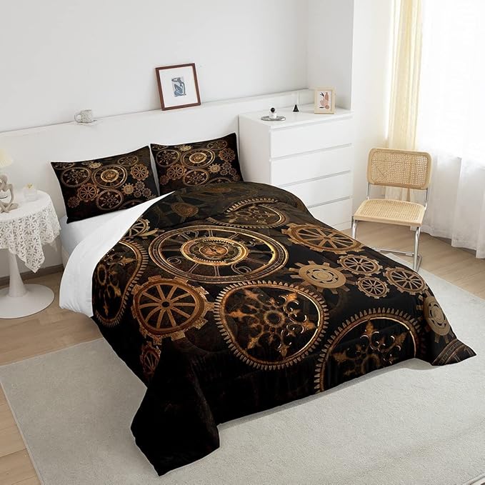 Golden Ndustrial Gear Comforter Set King Size Steampunk Style Bedding Set Clocks Theme Bedding Sets & Collections for Kids Boys Teens Men Mechanical Device Quilt Set,Retro Style Bedroom Decor