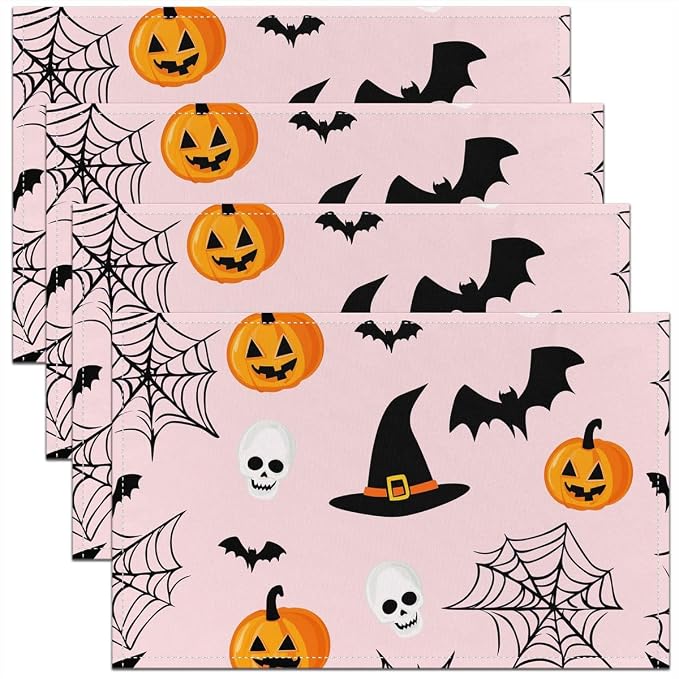 Feelyou Happy Halloween Placemats Set of 4 Pumpkin Lantern Skull Table Mats for Party Kitchen Dining Decoration Holiday Seasonal Pink Orange White Place Mat for Dinner Table Indoor Outdoor 18"x12"