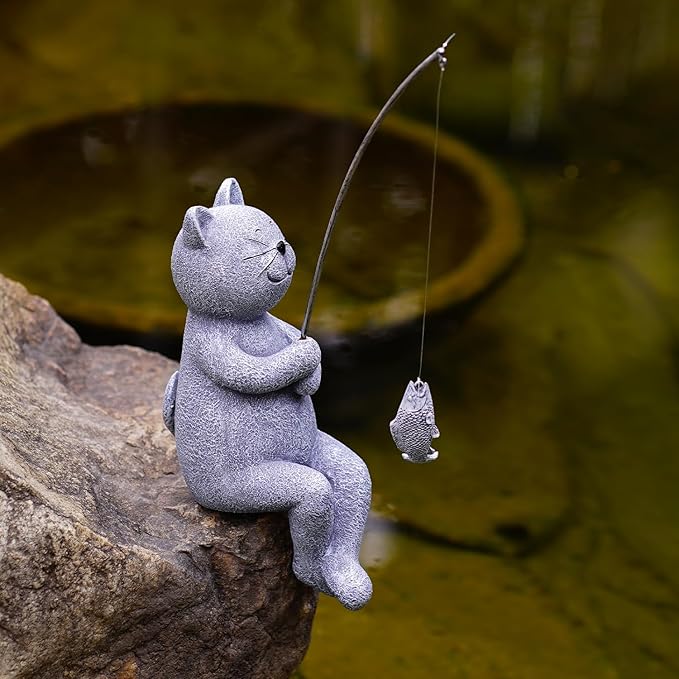 Goodeco Fishing Cat Garden Statue – 10" Little Cat Fisher for Garden Pond Decor, Poolside Statue with Glow in Dark Pebbles Included,Great Gifts for Mom, Women & Birthdays (Cat)