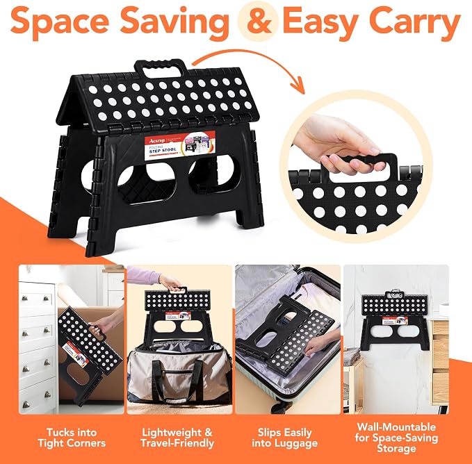 ACSTEP 9 Inch Folding Step Stool, 15 Inch Extra-Wide, 300 lbs, Black | Non-Slip Heavy Duty Foldable Step Stool for Kids and Adults, Extra-Wide for Comfort and Stability, for Bathroom and Kitchen
