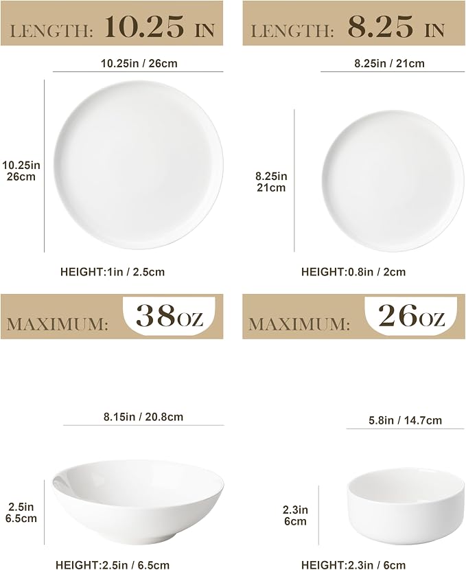 MALACASA 24 Pcs Porcelain Plates and Bowls Sets,Dinnerware Set for 6,White | Modern Ceramic Dishware,Kitchen Dining Ware,Microwave and Dishwasher Safe,Simple Solid White Design,Series LUNA