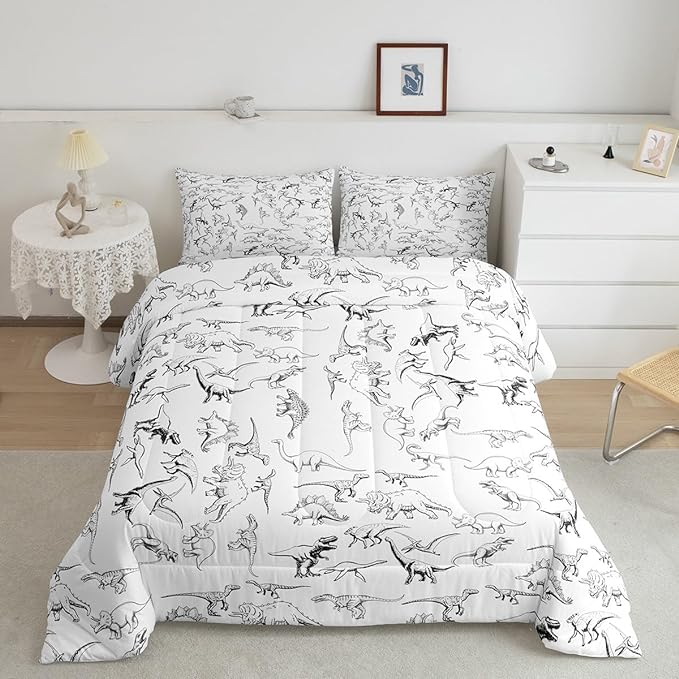 Feelyou Dinosaur Bedding Set Twin Size 3D Digital Print Comforter Set for Kids Boys Girls Decor Jungle Dino Comforter Wild Animal Black and White Duvet Set Bedroom Quilt Set
