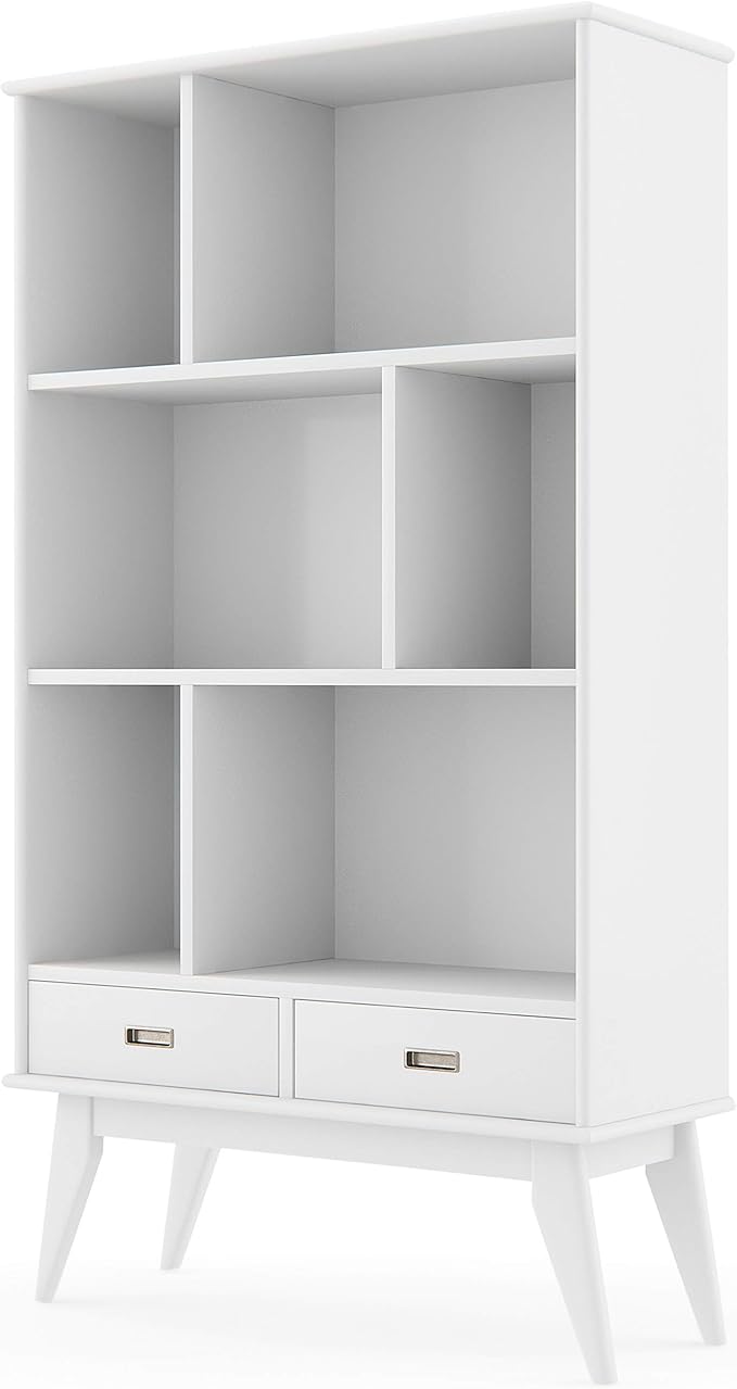 SIMPLIHOME Draper SOLID HARDWOOD 35 Inch Mid Century Modern Wide Bookcase and Storage Unit in White, For the Living Room, Study Room and Office