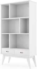 SIMPLIHOME Draper SOLID HARDWOOD 35 Inch Mid Century Modern Wide Bookcase and Storage Unit in White, For the Living Room, Study Room and Office