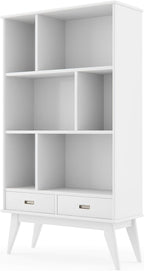 SIMPLIHOME Draper SOLID HARDWOOD 35 Inch Mid Century Modern Wide Bookcase and Storage Unit in White, For the Living Room, Study Room and Office