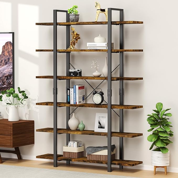 6 Tier Bookshelf, 83 inch Tall Bookcase Industrial Wooden Bookshelves Large Wall Etagere Rustic Vintage Book Shelf with Metal Frame Open Storage Rack for Living Room Home Office