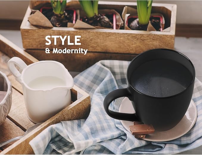 MIAMIO - Coffee Mugs Set of 6 (12 oz) - Le Papillon Collection (Black) | Modern ceramic coffee mugs for coffee, cappuccino and tea - microwave & dishwasher safe