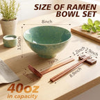 Geiserailie 40oz Ceramic Japanese Ramen Bowls Set of 4, 8 Inch Deep Asian Pho Udon Soup Noodle Bowls with Chopsticks, Spoons & Chopstick Rest -Microwave & Dishwasher Safe(Peacock Green)