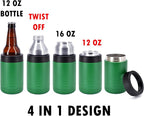 4-in-1 Stainless Steel 12 oz Double Wall Vacuum Insulated Can or Bottle Cooler Keeps Beverage Cold for Hours - Also Fits 16 oz Cans - Powder Coated Green - Clear Water Home Goods