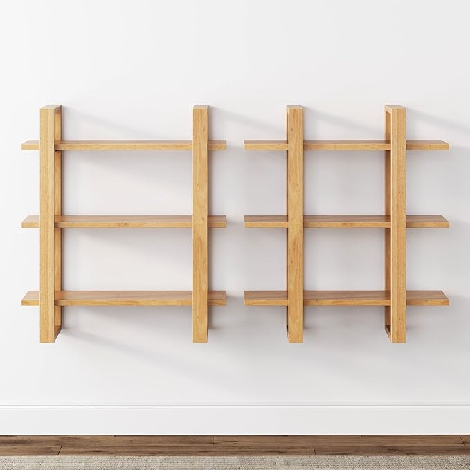 Nathan James Floating Wall Book Shelves, 3-Tier Display Shelf, Decorative Modular Shelf in Solid Wood for Bedroom, Nursery, Bathroom or Kitchen, Set of 2