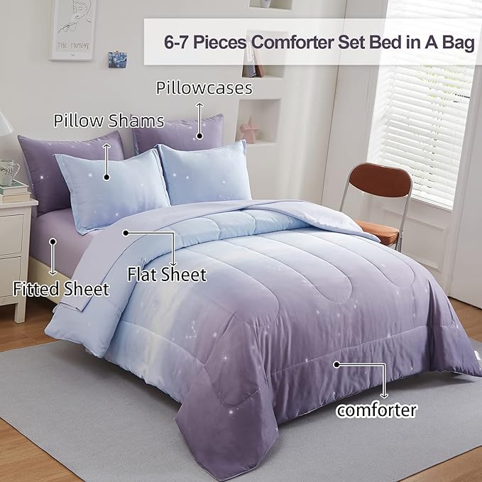 Girls Comforter Set Twin Size 6 Pieces Colorful Ombre Purple Rainbow Bedding Set Bed in A Bag for Kids Teen Girls (1 Comforter, 1 Flat Sheet, 1 Fitted Sheet, 1 Pillow sham, 2 Pillowcases)