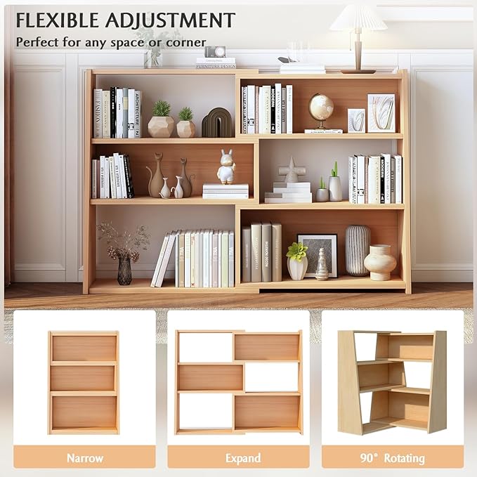 IOTXY Wooden Extendable Shelf Bookcase - 3-Tier Ladder Low Short Bookshelf for Small Space or Corner, Oak, L