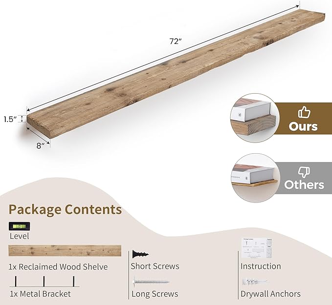 72 inch Floating Shelves for Wall, 8" Deep Rustic Reclaimed Barnwood Shelves, Floating Shelf Wall Hanging Shelves with Invisible Heavy-Duty Metal Bracket | Wall Mounted | Farmhouse Style, 1PC,Natural