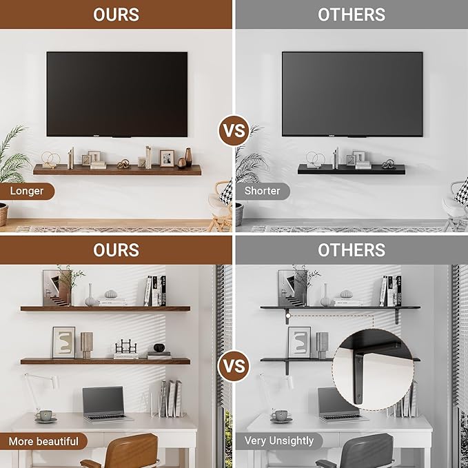 Heimlove 55 Inch Long Floating Shelves for Wall,9.3" Deep Walnut Floating Shelves Set of 2,Large Display Shelf & Storage Shelf,Wall Shelves for Bedroom Living Room Kitchen Office,Wall Mounted Shelf