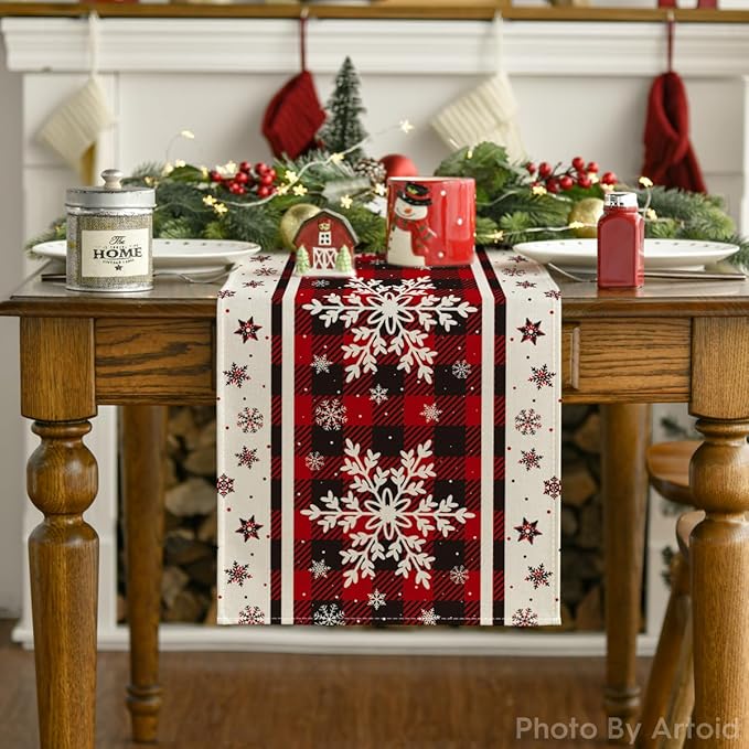 Artoid Mode Buffalo Plaid Snowflakes Christmas Table Runner, Seasonal Winter Kitchen Dining Table Decoration for Home Party Decor 13x108 Inch
