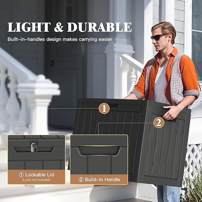 Outdoor Storage Deck Box, 45 Gallon Outside Storage Box Waterproof Deck Box, Lockable Patio Storage Box UV-Resistant for Garden Furniture, Black