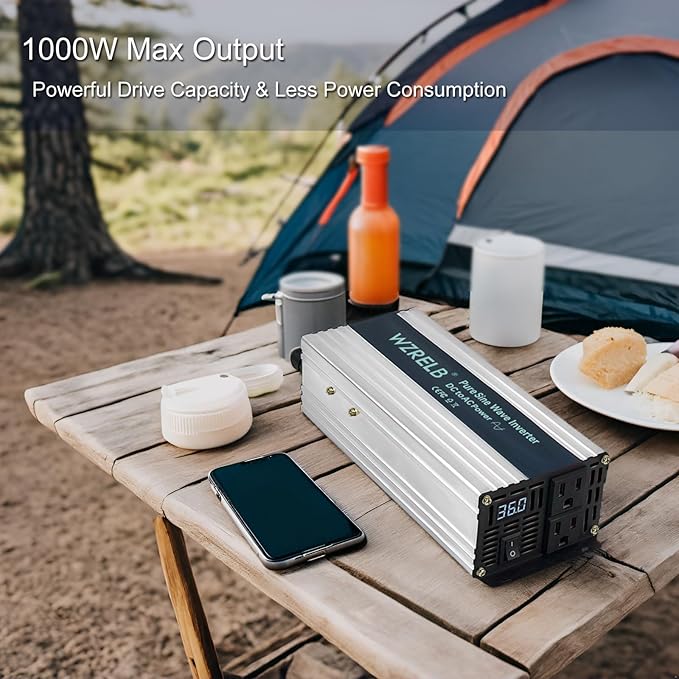 WZRELB 1000W Pure Sine Wave Inverter 48V DC to 110V 120V AC,Car Power Inverter with Dual AC Outlets, LED Display,Off-Grid Portable Power Converter for Home, RV, Truck, Camping