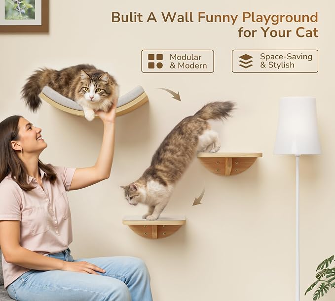 Wood Cat Wall Shelf with Soft Foam Cushion, Curved Cats Wall Bed for Large Cats, Floating Cat Perch for Sleeping & Climbing