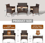 Outvita 4 Pieces Patio Furniture Set, Rattan Conversation Sets with Loveseat Soft Cushion and Glass Table for Garden Backyard Balcony Porch Poolside(Brown Gradient)