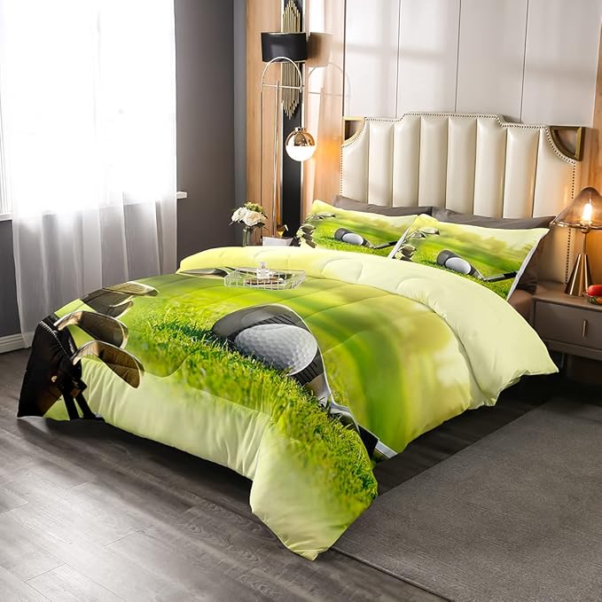 Erosebridal Golf Comforter Set Twin Size,Golf Clubs Bedding Set, Sports Game Theme Duvet Set Green Quilt Set, Boys Room Decorative Comforter Set Soft Breathable Ultra Lightweight