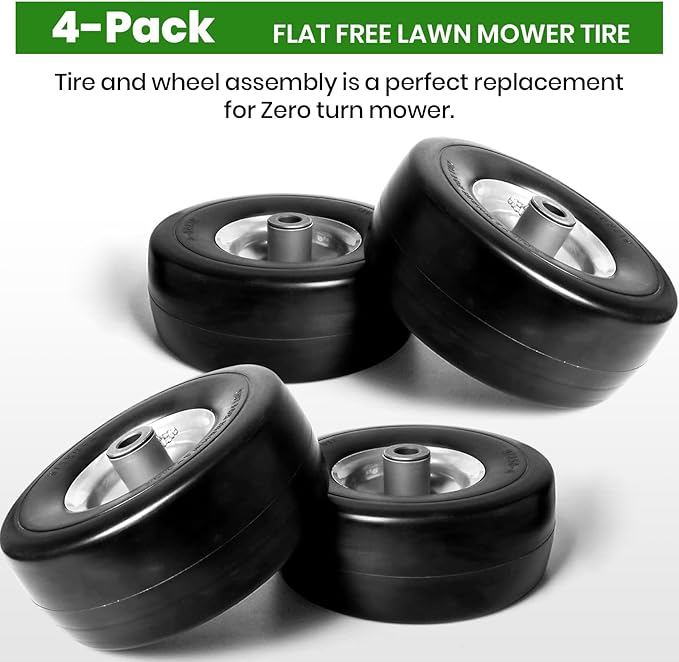 (4-Pack) 9x3.50-4” Flat Free Lawnmower Tire with 4" Centered Hub, 3/4" Bushings and Wheel Assemblies - PU Tire on Wheel and Adapter Kits