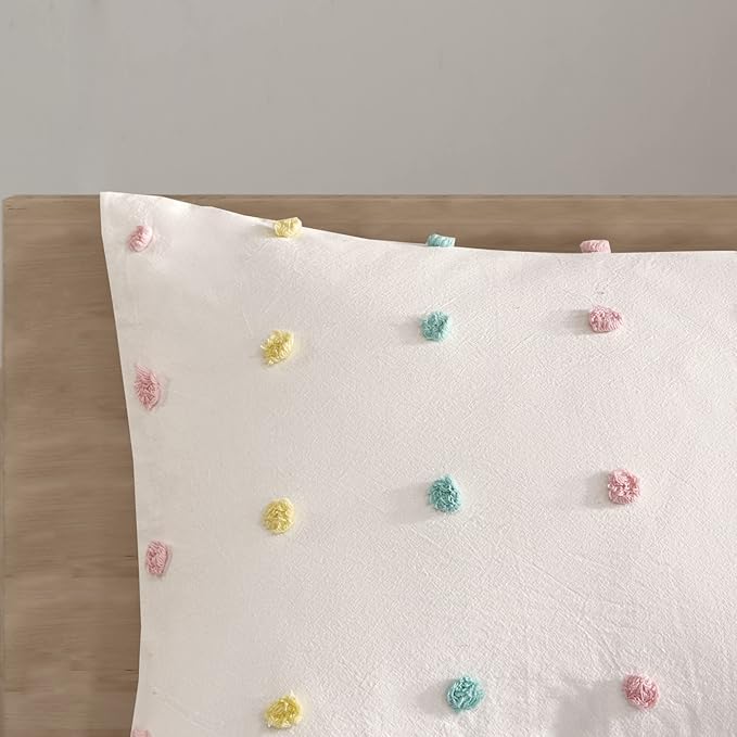 Duvet Cotton Jacquard Weave Colorful Poms Accent, Shabby Chic Cover for Comforter Cozy Bedding Set, Matching Shams, Decorative Pillows, Full Queen, Multi, 5 Piece