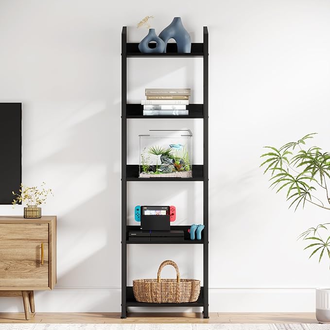 5 Tier Narrow Bookshelf: Tall Bookcase Book Shelf for Bedroom, Industrial Modern Bookshelves for Small Spaces (Black)