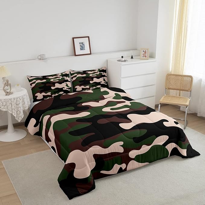Queen Size Camouflage Comforter Set 3Pcs Kids Bedding Set for Boys Girls Teens 1 Comforter & 2 Pillowcases(Queen,Army Green) Boys