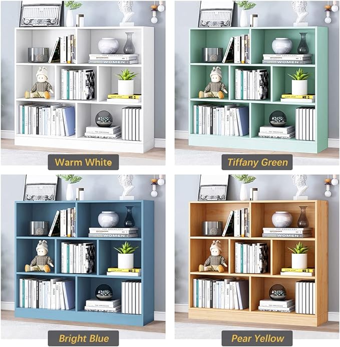 IOTXY Open Shelf Low Bookcase - Wooden 3-Tier Floor Standing Display Cabinet Organizer with Base, 7 Cubes Short Horizontal Bookshelf in Warm White