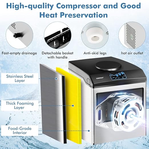COSTWAY 2 in 1 Countertop Ice Maker Built-in Water Dispenser, 48LBS per Day, S/M/L Size Ice Cube, 5LBS Ice Storage Basket, Fast 6 Mins, Stainless Steel Ice Machine with Extendable Chilled Water Spout
