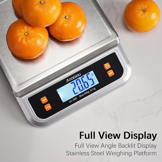ATOGOU 66lb Food Scale, Commercial Kitchen Scale Plug-in Usable with Full View LCD Display, Stainless Steel, for Baking, Bread, Cooking, Meat, Vegetables, Farm, Industry LC200 Silver