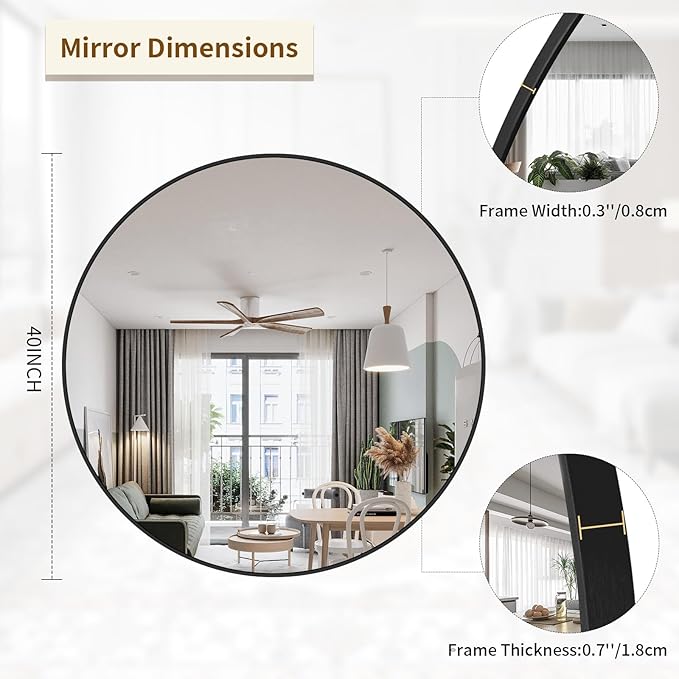 BEAUTYPEAK 40 Inch Round Mirror, Metal Frame Circle Mirror, Wall Mounted for Entryway, Bathroom, Vanity, Living Room, Black