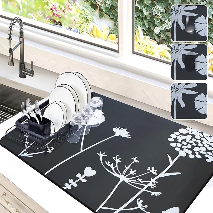 Dish Drying Mat for Kitchen Counter, 16"x24" Rubber Backed (Gray Daisy) | Hide Stain Anti Absorbent for Kitchen Counter, Non-slip Drying Mat for Coffee Machine Dish Rack