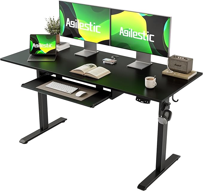 Height Adjustable Desk with Keyboard Tray, 55 x 24 Inches Electric Standing Desk, Stand up Computer Table with Memory Preset, Gaming Modern Lift Motorized Gaming Workstation, Black