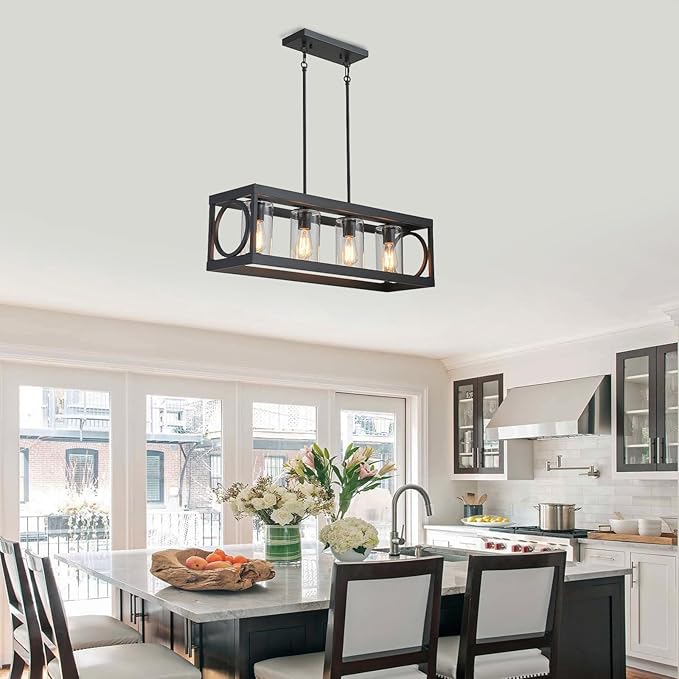 XINGQI Black Kitchen Island Light Fixtures Over Table, 31.5" Rectangular Linear Chandeliers Farmhouse Dining Room Pendant Ceiling 4-Light with Glass Lampshade for Living Room Bar Office