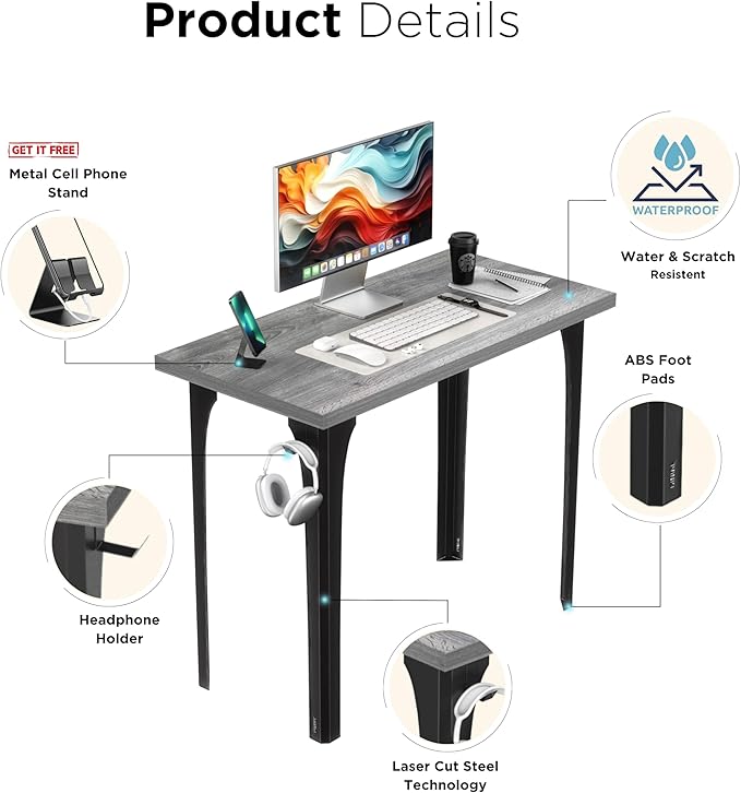 Home Office Computer Desk 35.4 inch gaming Desk, Modern and Minimalist home office desk, Home Office Desks, Study Desk, Craft table Black Metal Designed Frame, Gray Oak Board Color.
