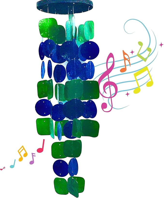 Bellaa 24858 Wind Chimes Outdoor, Garden Decorations, Musical, Indoor/Outside Windchimes, Beach, Ocean Breeze, Gifts for Mom, Gift for All Occasions, Capiz Sea Glass Shells Wood 27 inch Green Blue