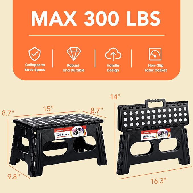 ACSTEP 9 Inch Folding Step Stool, 15 Inch Extra-Wide, 300 lbs, Black | Non-Slip Heavy Duty Foldable Step Stool for Kids and Adults, Extra-Wide for Comfort and Stability, for Bathroom and Kitchen