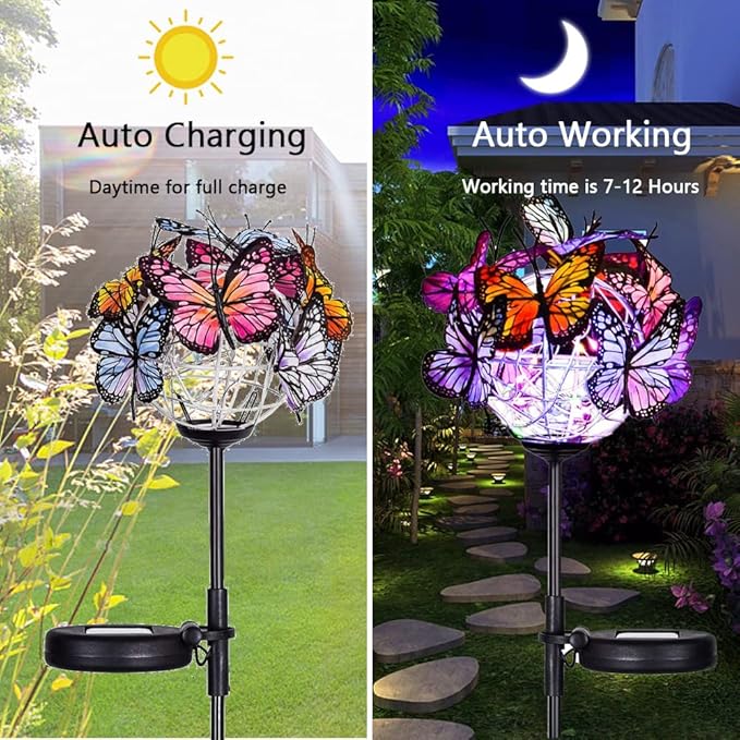 Outdoor Solar Lights 2 Pack, Solar Garden Lights with 18 Butterflies Decoration Outdoor Lamps, Waterproof Butterfly Flower Lights for Patio Yard Lawn Garden Decor, Gifts for Mom Women