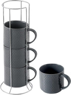 Hasense Coffee Mugs Set of 4 with Stand, 15 oz Porcelain Stackable Coffee Cups Set with handle for Tea, Latte, Milk and Cappuccino, Grey Embossed Tea Cups Set with Geometric Patterns for Men and Women