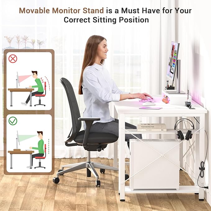 armocity Computer Desk with LED Lights, Gaming Desk with Power Outlet and USB, 40 Reversible Laptop Table with Moveable Monitor Stand, Small Desk for Small Spaces, Office, Gaming Room, White