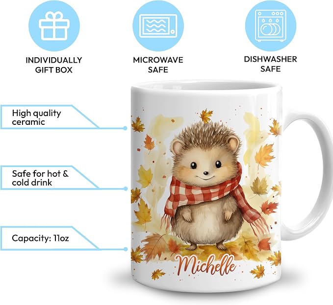 Hyturtle Personalized Fall Hedgehog Maple Leaves Mug, Fall Autumn Décor | Birthday Gifts For Hedgehog Lovers - Gift Ideas For Farmhouse Thanksgiving - Custom Name 11oz White Ceramic Coffee Tea Mug