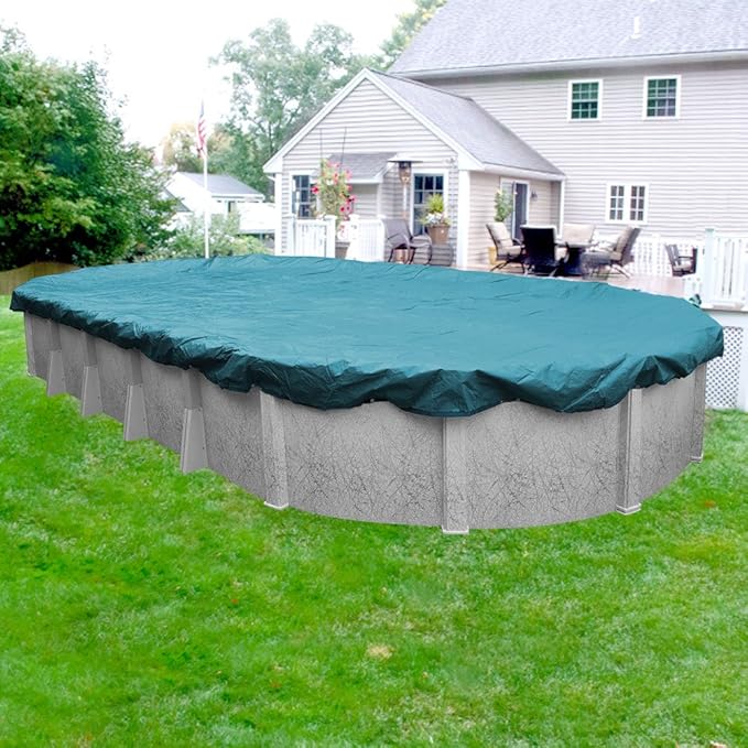 Pool Mate 12 x 24 ft Deluxe Blue Winter Oval Pool Cover for Above Ground Pools, 4 ft Overlap (16 x 28 ft Cover Size), Solid 10 x 10 Scrim, 2.91 oz/yd2, 12-Year Warranty, Style: 581224-4